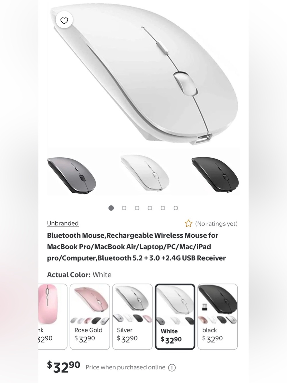 White Rechargeable Wireless Bluetooth Mouse - Slim Design